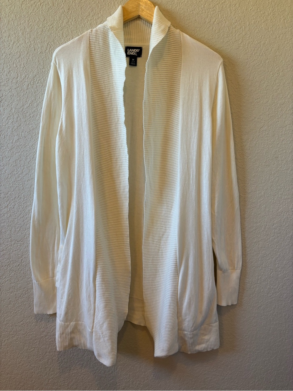NWOT Lands' End Cream Open-Front Ribbed Shawl Collar Cardigan